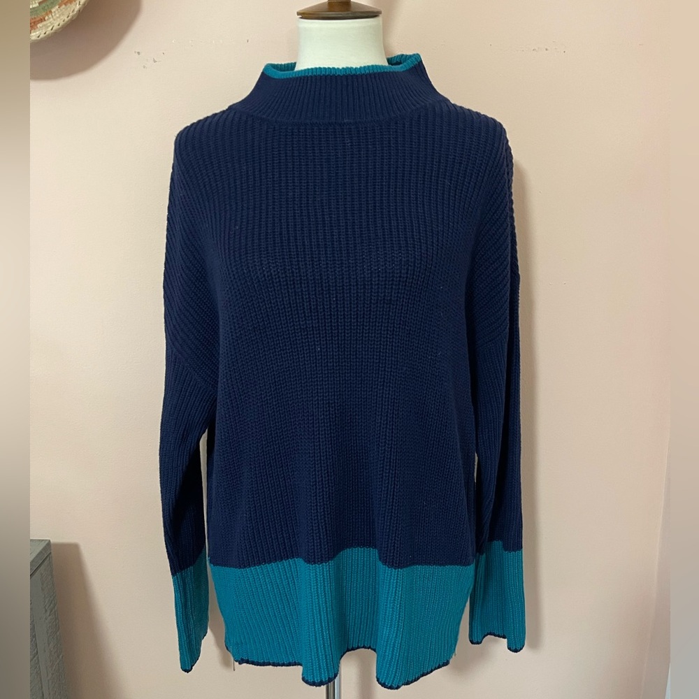NWT Crown & Ivy Color Block Teal/Navy Knit Sweater w/ Side Gold Zippers S - Picture 4 of 8
